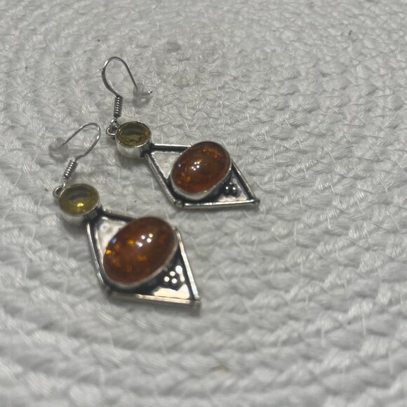 Beautiful AMBER & CITRINE Handmade Sterling 925 Dangle Earrings #284D - Picture 1 of 3